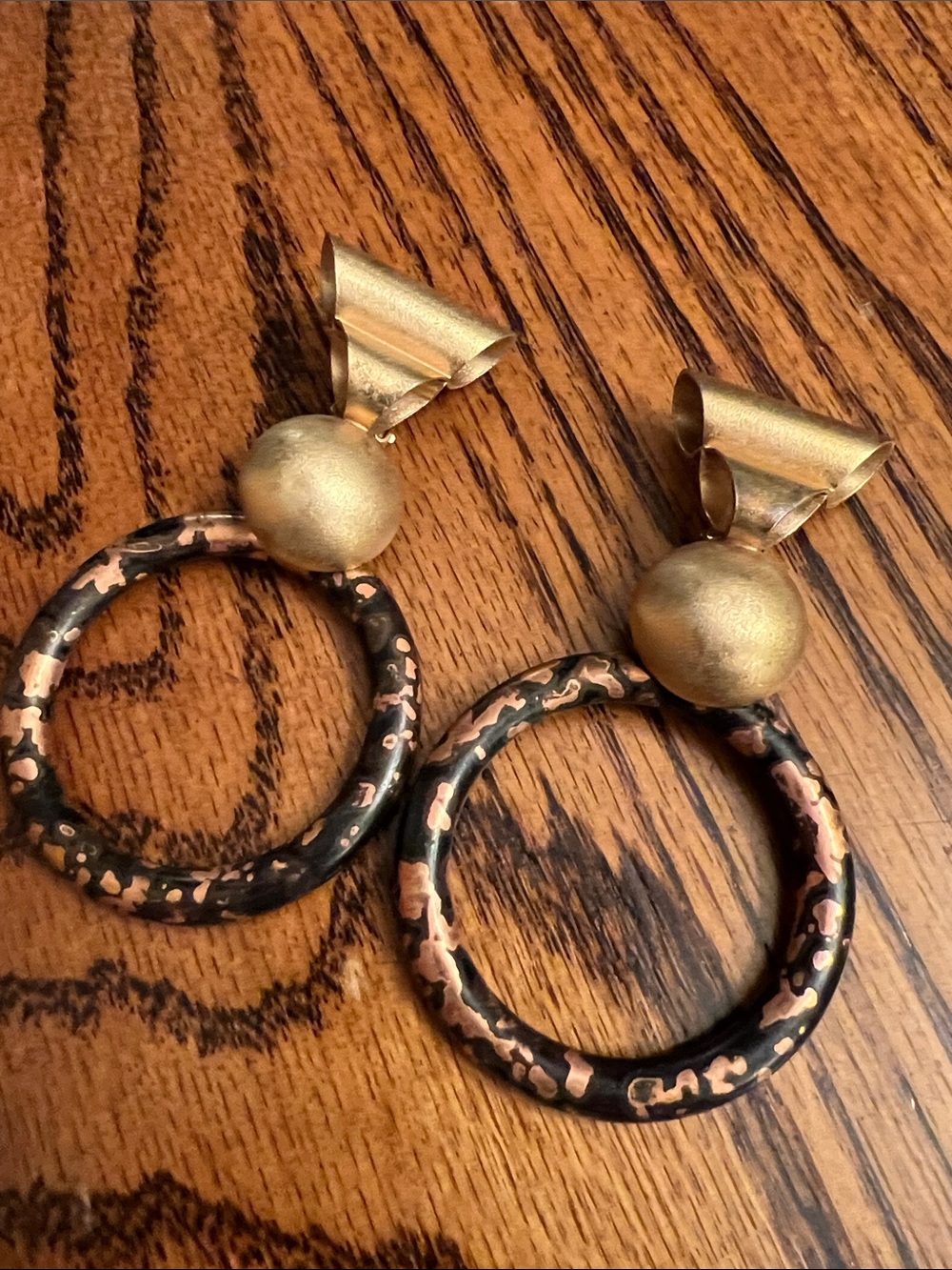 Vintage Gold and Black Metal Copper-Accent Printed Door knocker Hoop Earrings